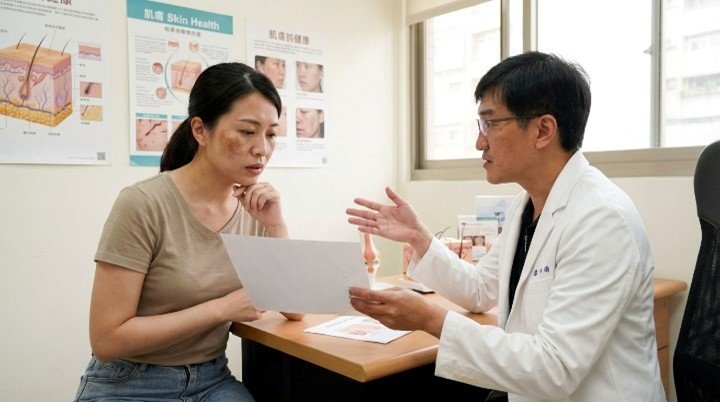 醫師為女性患者分析臉上分佈的荷爾蒙斑 皮秒雷射儀器針對深層荷爾蒙斑進行精準治療 示意圖顯示女性因內分泌影響產生的荷爾蒙斑 內外兼修保養策略改善三十歲後的荷爾蒙斑