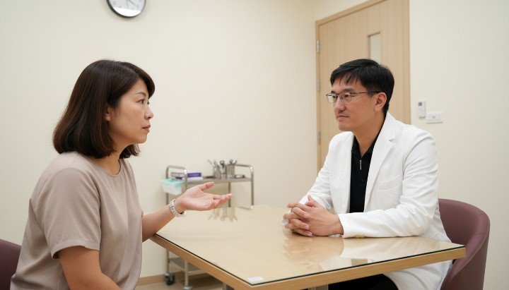 診所環境展示專業複合式醫美療程器械 醫師仔細檢查患者膚況進行複合式醫美規劃 水飛梭探頭深層清潔毛孔實現複合式醫美效果 酸類煥膚與水飛梭結合的複合式醫美保養