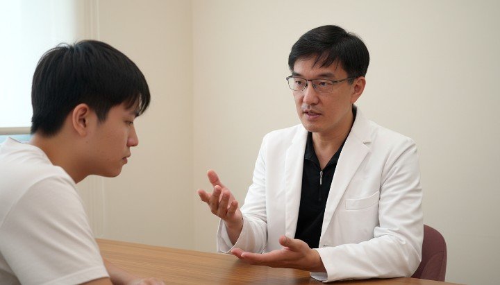 臉部下巴長出紅腫疼痛的壓力痘外觀 吳紹琥醫師在診間諮詢壓力痘患者狀況 生活作息不規律導致臉部爆發壓力痘示意 透過溫和清潔與醫學治療根除壓力痘流程