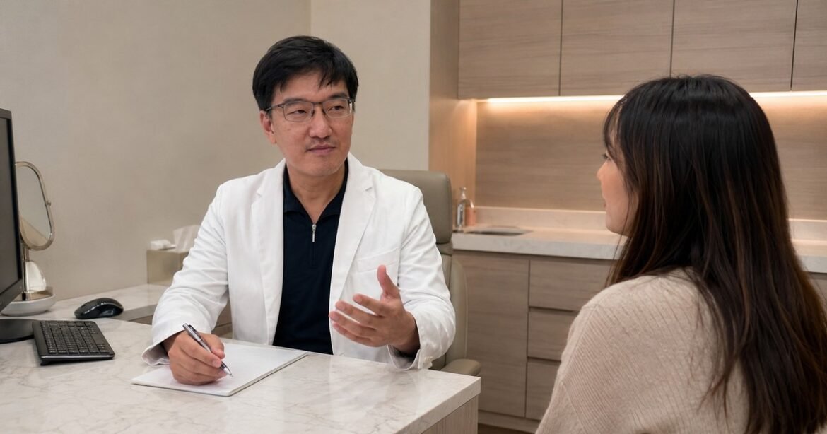 V臉療程效果展示，改善臉型緊緻感，燈光柔和，患者微笑