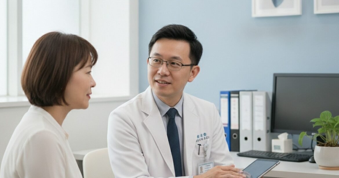 一位專業吳芮醫師在診間向顧客解釋中分子玻尿酸療程細節。